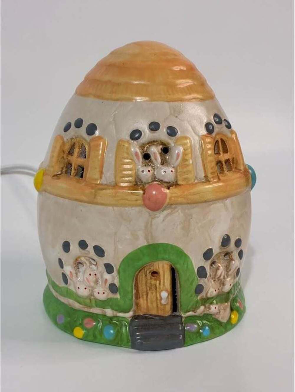 Vintage Hand Painted Ceramic Light Up Easter Egg Bunny Cottage Night Light Lamp